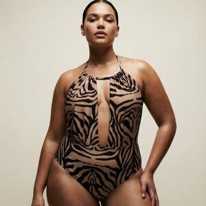 Black and Tan One Piece Swimwear with Halter Neck